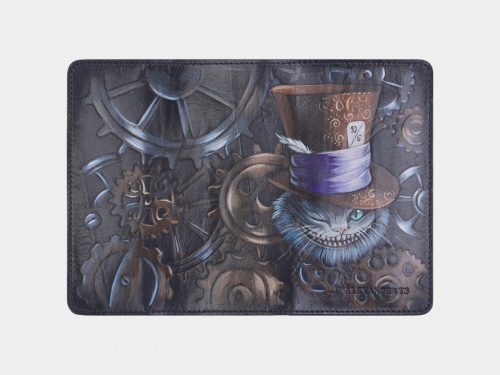 Кожаная обложка ручной работы с росписью "Чешир в цилиндре" фото фото 2