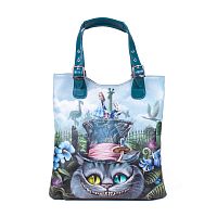 Сумка шоппер кожаная женская с рисунком «Чешир в цилиндре» | Ручная роспись - женская кожаная и замшевая сумка шоппер  ручной работы с рисунком и вышивкой