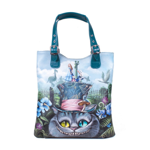 Сумка шоппер кожаная женская с рисунком «Чешир в цилиндре» | Ручная роспись - кожаная и замшевая женская сумка шоппер ручной работы с рисунком и вышивкой |  Sumnizza