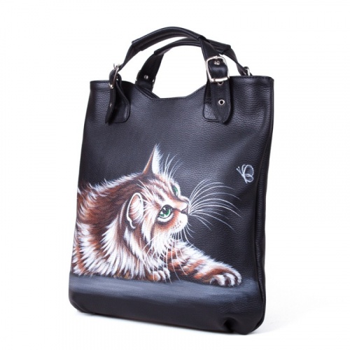 Кожаная сумка шоппер с росписью котика "Кот и мотылек" фото шоппера фото 2