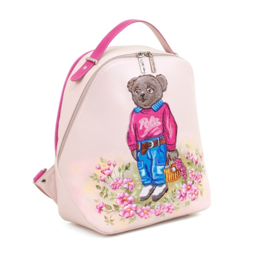 Розовый кожаный рюкзачок ручной работы с вышивкой "Мишка" ручной работы с рисунком на заказ | Sumnizza фото 4