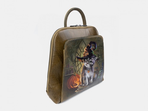 Женский кожаный рюкзак с росписью "Котенок Halloween" фото фото 2