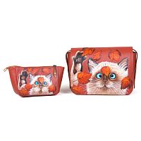 Комплект из сумки и косметички "Котик с листьями" фото