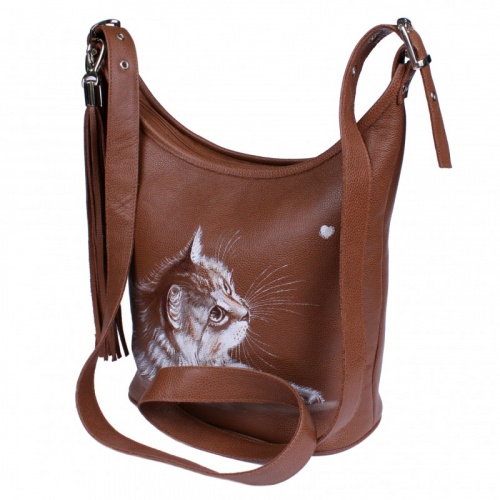 Кожаная сумка мешок с росписью котенка "Кот и мотылек" фото фото 2