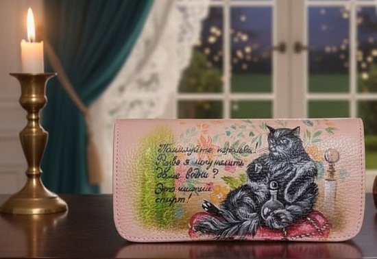 Кошелек женский оригинальный  ручной работы с рисунком Кота Бегемота на заказ