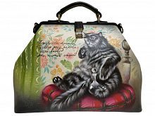 Кожаная сумка-саквояж с рисунком "Кот Бегемот" с росписью, принтом - фото