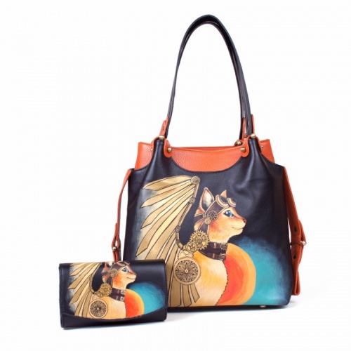 Кожаная сумка тоут с росписью "Кошка с крыльями" фото фото 5