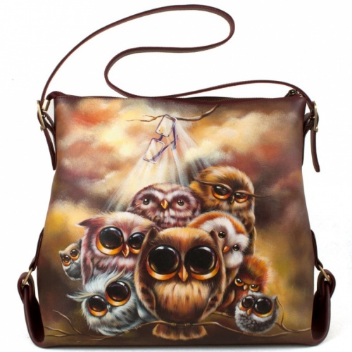 Женская модная сумка хобо “Совята на ветке” с рисунком, принтом, росписью фото