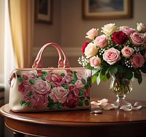 Женский саквояж из натуральной кожи с рисунком "Розовый цвет" — классический дорожный кожаный саквояж ручной работы с рисунком и вышивкой на заказ
