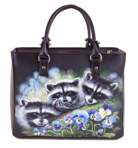 Кожаная сумка шоппер с росписью "Еноты в анютиных глазках" фото шоппера фото 3