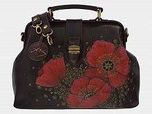 Женская кожаная сумка саквояж "Маки" с росписью, принтом - фото
