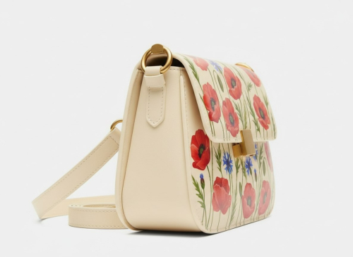 Кросс боди маленькая из натуральной кожи с рисунком ручной работы на заказ "Маки и колокольчики" — кросс боди с принтом на заказ фото 2