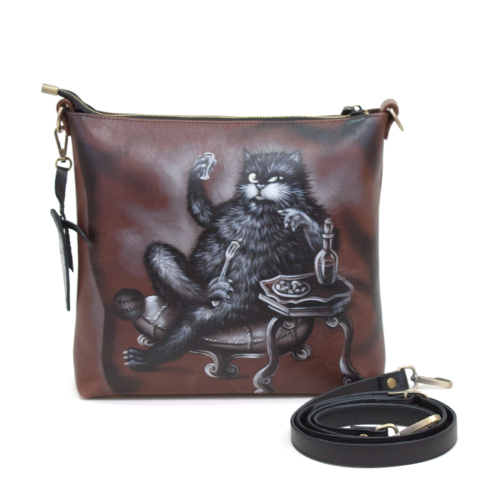 Женская кожаная сумка через плечо с рисунком ручной работы "Кот Бегемот" — кросс боди ручной работы с принтом фото 2