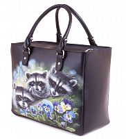 Кожаная сумка шоппер с росписью "Еноты в анютиных глазках" фото шоппера