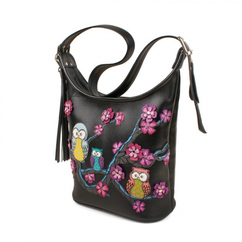 Кожаная сумка хобо с росписью "Дружные совушки" фото фото 2