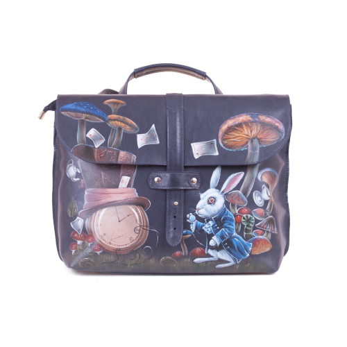 Мужской кожаный портфель с рисунком Чеширского кота ручной работы сумка ручной работы с рисунком на заказ фото 2