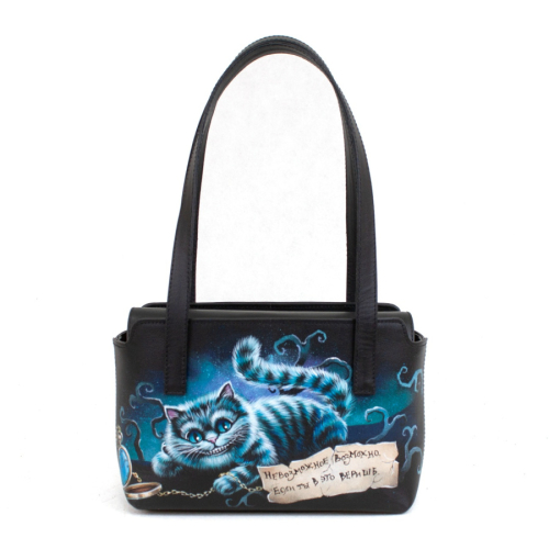 Дизайнерская сумка-шоппер, ручная роспись Чеширский кот - кожаная и замшевая женская сумка шоппер ручной работы с рисунком и вышивкой на заказ