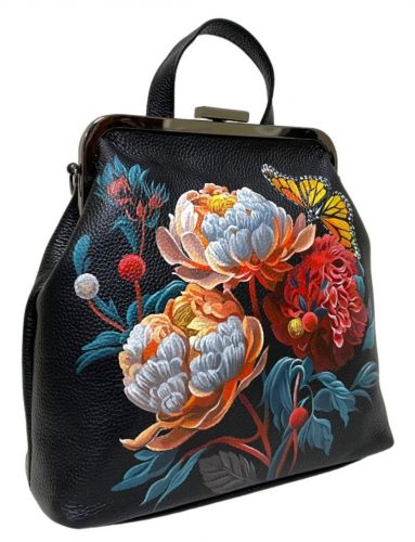 Кожаная сумка-рюкзак на фермуаре с росписью "Пионы" фото фото 4