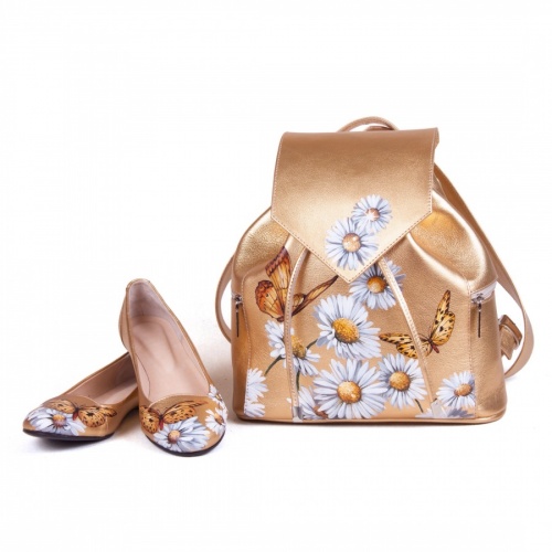 Комплект золотистые балетки и рюкзак "Ромашки" фото