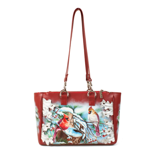 Кожаная сумка-шоппер красного цвета с ручной росписью снегирей и аппликацией - кожаная и замшевая женская сумка шоппер ручной работы с рисунком и вышивкой на заказ фото 2