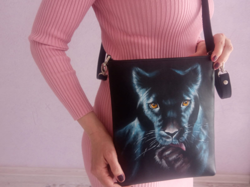 Женская сумка на ремне с росписью "Черная пантера" фото фото 9