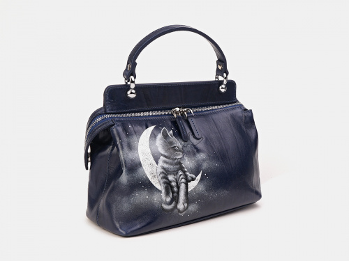 Женская кожаная сумка на молнии с росписью "Котик на луне" фото фото 2