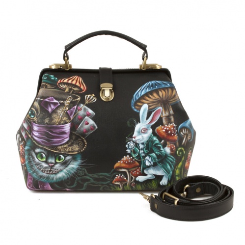 Женская сумка-саквояж из кожи "Чешир и кролик" с рисунком, росписью, принтом - фото фото 4