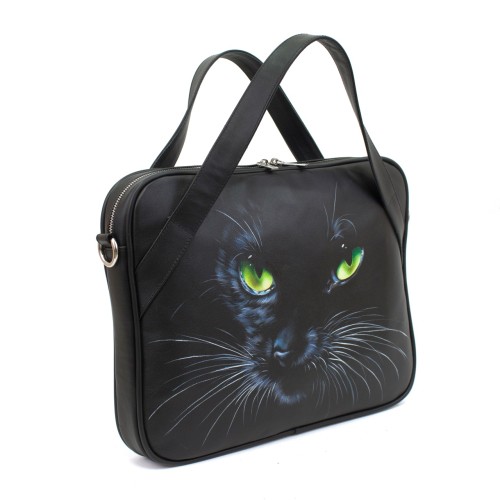 Кожаная сумка для ноутбука "Зеленоглазая кошка" с рисунком ручной работы на заказ фото 4