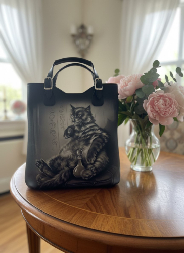 Вертикальная сумка шоппер с рисунком ручной работы "Кот Бегемот" - кожаная и замшевая женская сумка шоппер ручной работы с рисунком и вышивкой на заказ