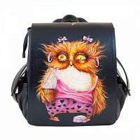 Женский чёрный  городской рюкзак "Сова с кофе" с рисунком, росписью, принтом - фото