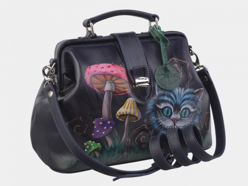 Женская сумка-саквояж из кожи "Чешир с грибами" с росписью, принтом - фото фото 2