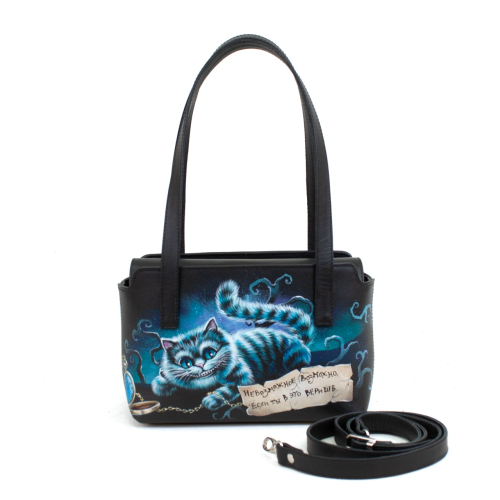 Дизайнерская сумка-шоппер, ручная роспись Чеширский кот - кожаная и замшевая женская сумка шоппер ручной работы с рисунком и вышивкой на заказ фото 2