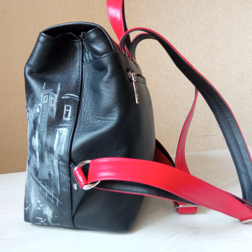 Женский кожаный черный рюкзак с росписью "Встреча на канале Грибоедова" фото фото 3