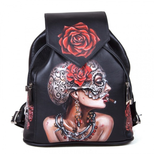 Кожаный рюкзак женский "Любовь и смерть" с рисунком, росписью, принтом - фото
