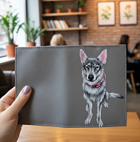 Серая кожаная обложка для паспорт с портретом собаки ручной работы на заказ "Овчарка"  | Купить в интернет магазине 