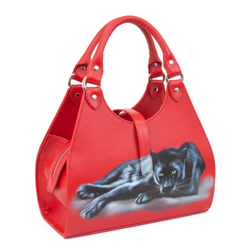 Большая красная сумка с росписью "Черная пантера" фото фото 3