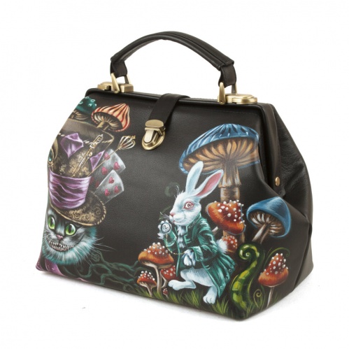 Женская сумка-саквояж из кожи "Чешир и кролик" с рисунком, росписью, принтом - фото фото 2