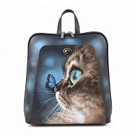 Рюкзак из кожи ручной работы "Котик и бабочка" с росписью, принтом - фото
