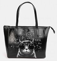 Черная кожаная сумка шоппер с рисунком «Кот в очках» - женская кожаная и замшевая сумка шоппер  ручной работы с рисунком и вышивкой