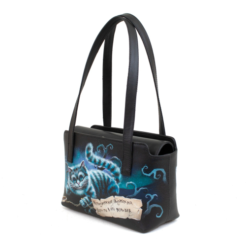 Дизайнерская сумка-шоппер, ручная роспись Чеширский кот - кожаная и замшевая женская сумка шоппер ручной работы с рисунком и вышивкой на заказ фото 3