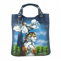 Синяя кожаная женская оригинальная вместительная сумка шоппер с рисунком принтом росписью кота ручной работы
