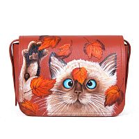 Женская сумка из кожи с росписью "Котик с листьями" фото