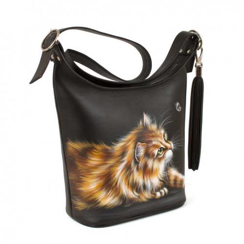 Кожаная сумка хобо с рисунком котенка "Кот и мотылек" фото фото 2