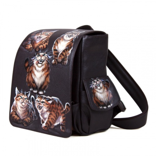 Женский рюкзак из натуральной кожи "Пять котов" с росписью, принтом - фото фото 2