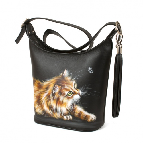 Кожаная сумка хобо с рисунком котенка "Кот и мотылек" фото фото 4