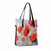 Кожаная сумка шоппер "Маки акварель" с росписью, принтом - фото