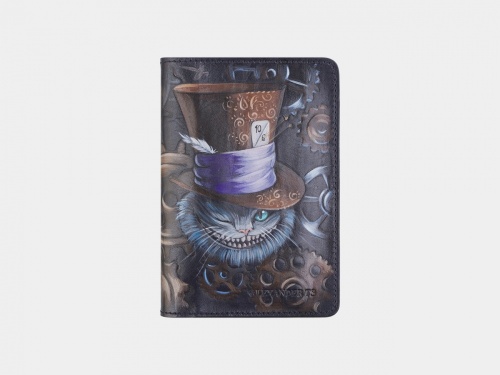 Кожаная обложка ручной работы с росписью "Чешир в цилиндре" фото