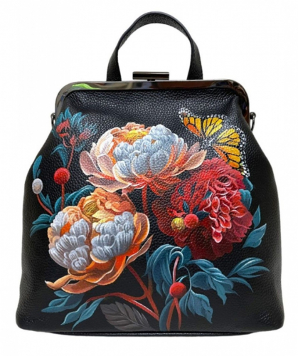 Кожаная сумка-рюкзак на фермуаре с росписью "Пионы" фото