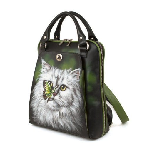 Кожаная сумка-рюкзак с росписью "Котик с бабочкой" фото фото 3