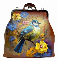 Кожаная сумка-рюкзак на фермуаре с росписью "Птичка" фото